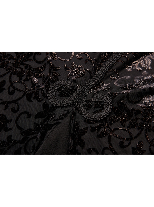 V-Neck Front Chest Decals Splice Chiffon Long Sleeve Back Waist Lace-Up Black Gothic Plus Size Velvet Dress