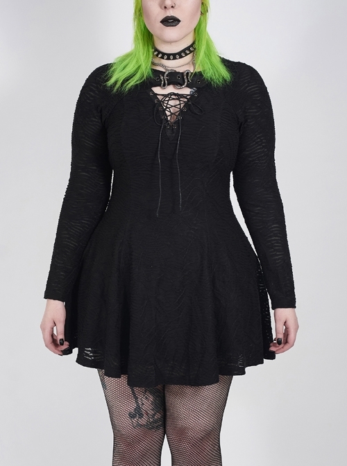 Leather Clasp Collar V-Neck Hollow-Out Back Waist Lace-Up Long Sleeve Black Punk Plus Size Broken Holes Knit Dress