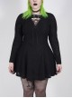 Leather Clasp Collar V-Neck Hollow-Out Back Waist Lace-Up Long Sleeve Black Punk Plus Size Broken Holes Knit Dress