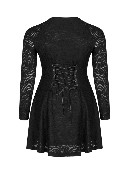 Leather Clasp Collar V-Neck Hollow-Out Back Waist Lace-Up Long Sleeve Black Punk Plus Size Broken Holes Knit Dress