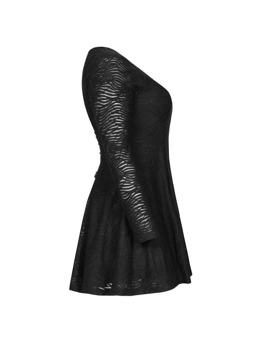 Leather Clasp Collar V-Neck Hollow-Out Back Waist Lace-Up Long Sleeve Black Punk Plus Size Broken Holes Knit Dress