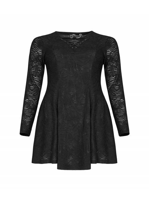 Leather Clasp Collar V-Neck Hollow-Out Back Waist Lace-Up Long Sleeve Black Punk Plus Size Broken Holes Knit Dress