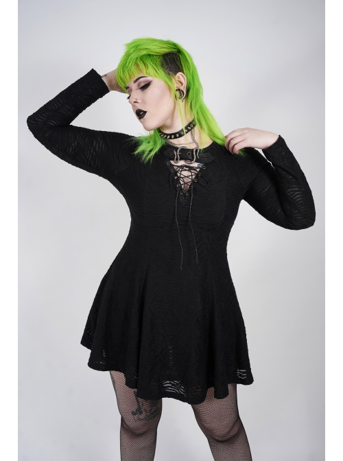 Leather Clasp Collar V-Neck Hollow-Out Back Waist Lace-Up Long Sleeve Black Punk Plus Size Broken Holes Knit Dress