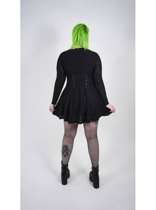 Leather Clasp Collar V-Neck Hollow-Out Back Waist Lace-Up Long Sleeve Black Punk Plus Size Broken Holes Knit Dress