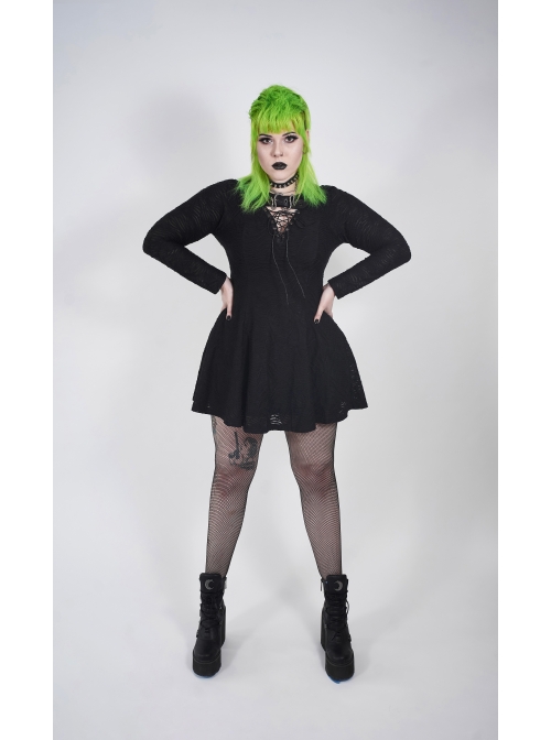 Leather Clasp Collar V-Neck Hollow-Out Back Waist Lace-Up Long Sleeve Black Punk Plus Size Broken Holes Knit Dress
