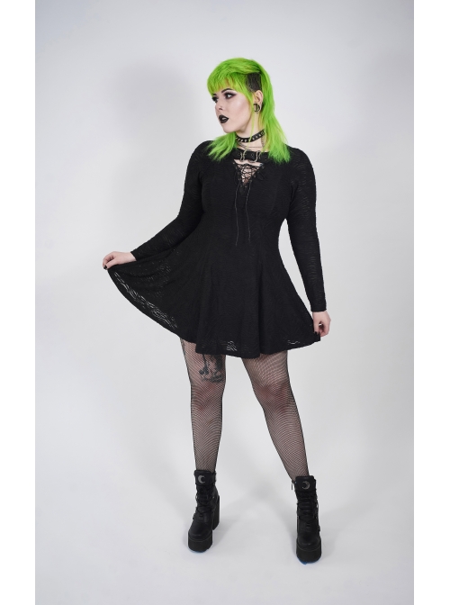 Leather Clasp Collar V-Neck Hollow-Out Back Waist Lace-Up Long Sleeve Black Punk Plus Size Broken Holes Knit Dress