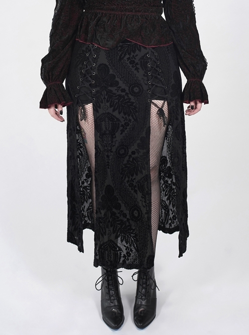 Black Gothic Plus Size Slit Hem Lace Ribbons Jacquard Velvet Skirt