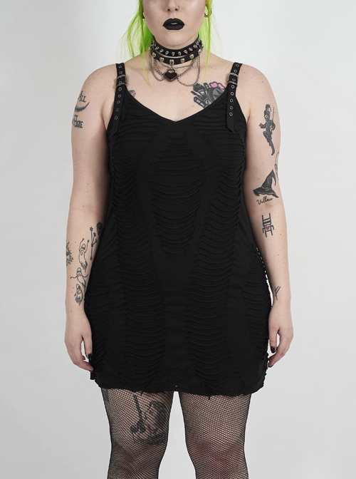 Metal Eyelets Strap Irregular Knit Black Punk Plus Size Sling Dress