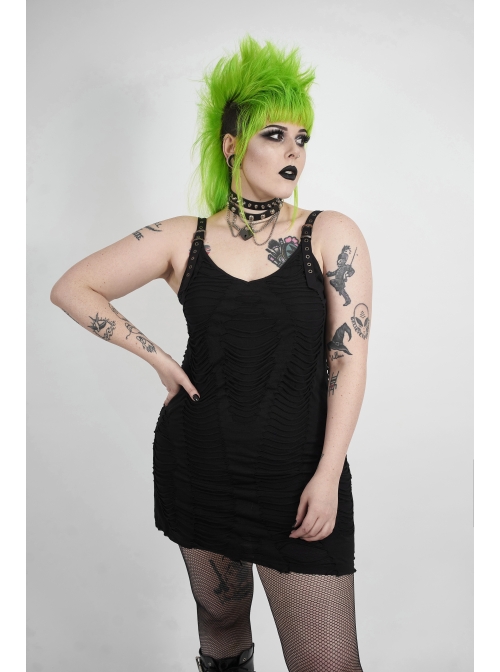 Metal Eyelets Strap Irregular Knit Black Punk Plus Size Sling Dress