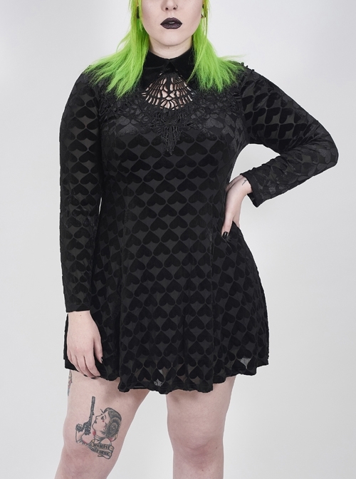 Front Chest Hollow-Out Decals Long Sleeve Back Waist Lace-Up Black Gothic Plus Size Mercerized Velvet Print Dress