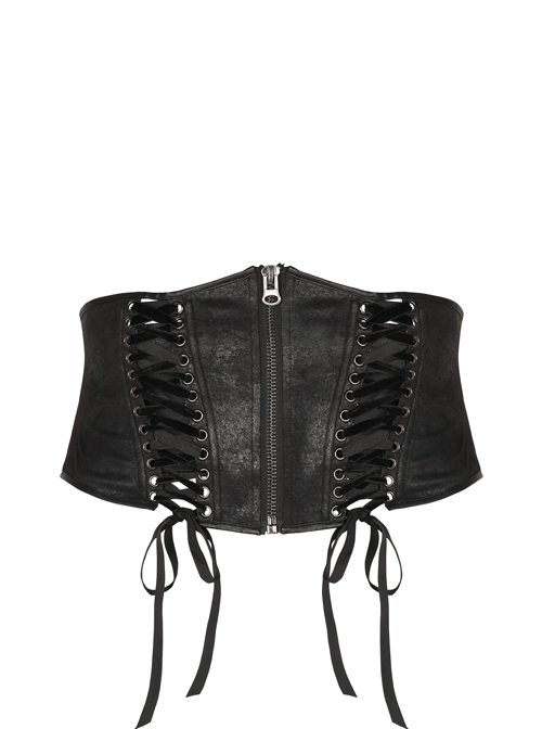 Front Metal Zipper Metal Eyelets Lace-Up Black Punk Plus Size Embossing Belt