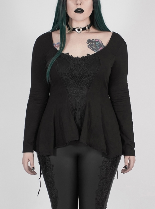 Big Round Collar Front Chest Decals Long Sleeve Back Waist Lace-Up Frill Hem Black Gothic Plus Size T-Shirt