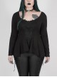 Big Round Collar Front Chest Decals Long Sleeve Back Waist Lace-Up Frill Hem Black Gothic Plus Size T-Shirt