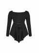 Big Round Collar Front Chest Decals Long Sleeve Back Waist Lace-Up Frill Hem Black Gothic Plus Size T-Shirt