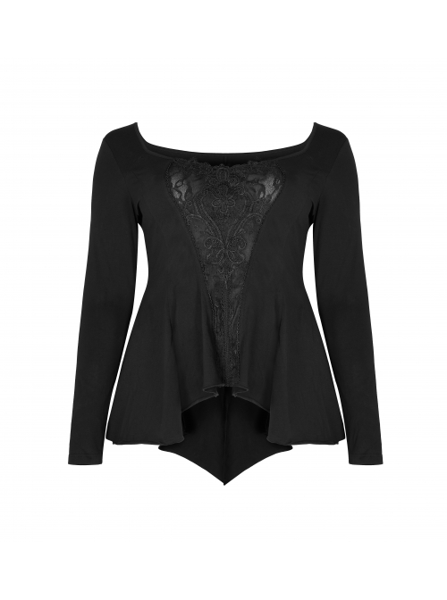 Big Round Collar Front Chest Decals Long Sleeve Back Waist Lace-Up Frill Hem Black Gothic Plus Size T-Shirt