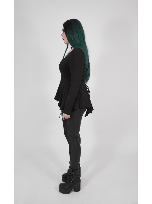 Big Round Collar Front Chest Decals Long Sleeve Back Waist Lace-Up Frill Hem Black Gothic Plus Size T-Shirt