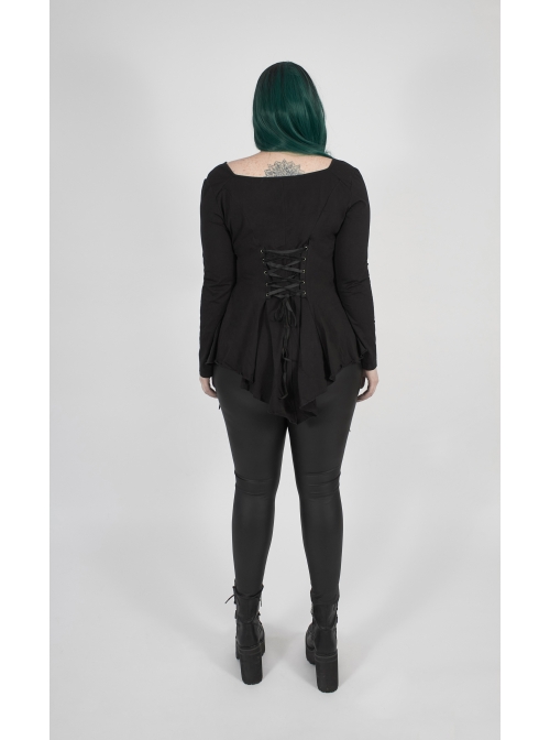 Big Round Collar Front Chest Decals Long Sleeve Back Waist Lace-Up Frill Hem Black Gothic Plus Size T-Shirt