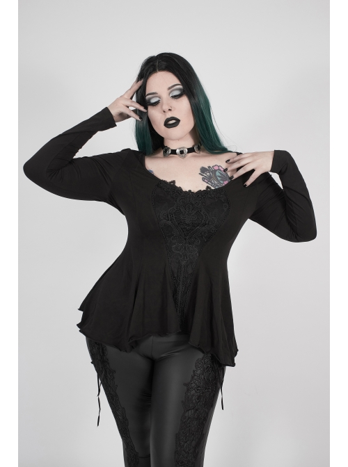 Big Round Collar Front Chest Decals Long Sleeve Back Waist Lace-Up Frill Hem Black Gothic Plus Size T-Shirt