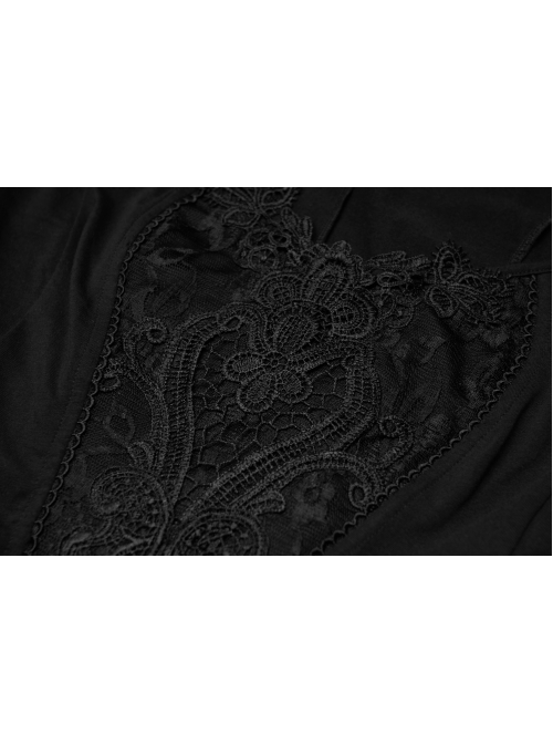 Big Round Collar Front Chest Decals Long Sleeve Back Waist Lace-Up Frill Hem Black Gothic Plus Size T-Shirt