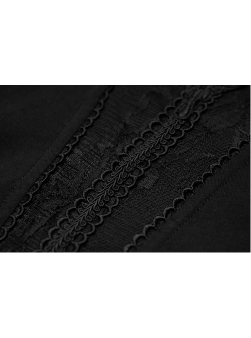 Big Round Collar Front Chest Decals Long Sleeve Back Waist Lace-Up Frill Hem Black Gothic Plus Size T-Shirt