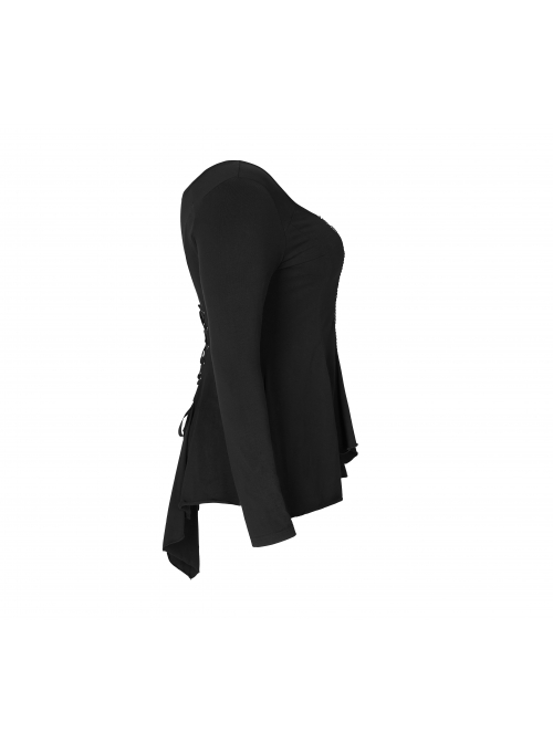 Big Round Collar Front Chest Decals Long Sleeve Back Waist Lace-Up Frill Hem Black Gothic Plus Size T-Shirt