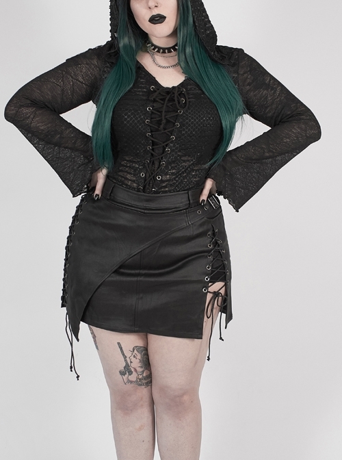 Front Chest Lace-Up Flare Sleeve Splice Mesh Black Punk Plus Size Broken Holes Knit Hooded T-Shirt