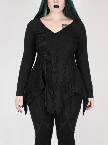V-Neck Front Splice Rose Lace Mesh Back Waist Lace-Up Irregular Hem Black Gothic Plus Size Knit T-Shirt