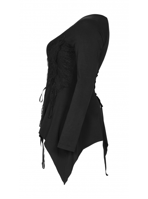 V-Neck Front Splice Rose Lace Mesh Back Waist Lace-Up Irregular Hem Black Gothic Plus Size Knit T-Shirt