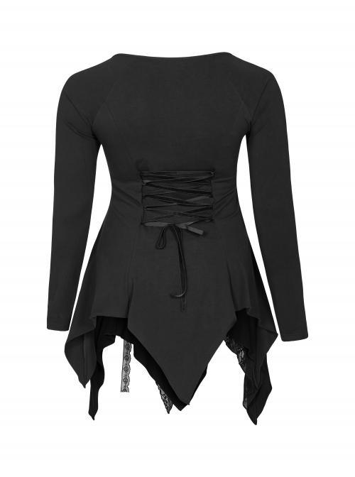 V-Neck Front Splice Rose Lace Mesh Back Waist Lace-Up Irregular Hem Black Gothic Plus Size Knit T-Shirt