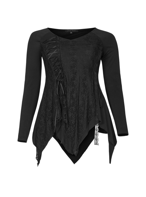 V-Neck Front Splice Rose Lace Mesh Back Waist Lace-Up Irregular Hem Black Gothic Plus Size Knit T-Shirt