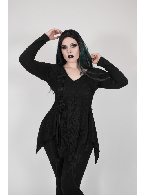 V-Neck Front Splice Rose Lace Mesh Back Waist Lace-Up Irregular Hem Black Gothic Plus Size Knit T-Shirt