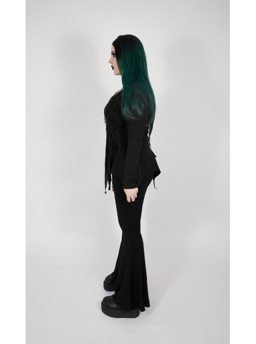 V-Neck Front Splice Rose Lace Mesh Back Waist Lace-Up Irregular Hem Black Gothic Plus Size Knit T-Shirt