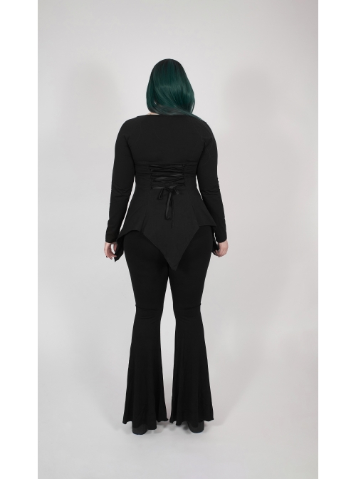 V-Neck Front Splice Rose Lace Mesh Back Waist Lace-Up Irregular Hem Black Gothic Plus Size Knit T-Shirt
