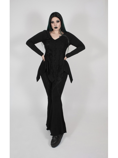V-Neck Front Splice Rose Lace Mesh Back Waist Lace-Up Irregular Hem Black Gothic Plus Size Knit T-Shirt
