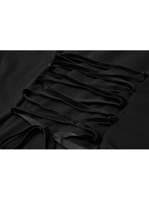 V-Neck Front Splice Rose Lace Mesh Back Waist Lace-Up Irregular Hem Black Gothic Plus Size Knit T-Shirt