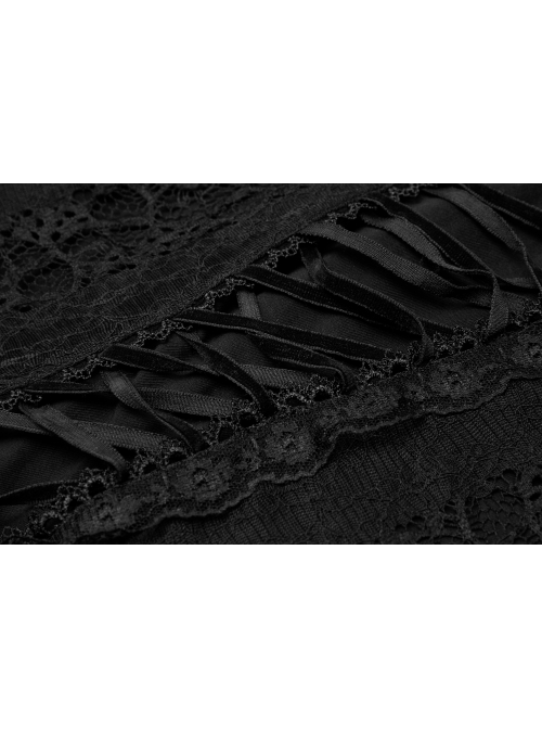 V-Neck Front Splice Rose Lace Mesh Back Waist Lace-Up Irregular Hem Black Gothic Plus Size Knit T-Shirt