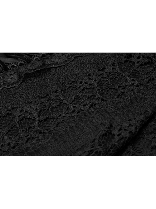 V-Neck Front Splice Rose Lace Mesh Back Waist Lace-Up Irregular Hem Black Gothic Plus Size Knit T-Shirt