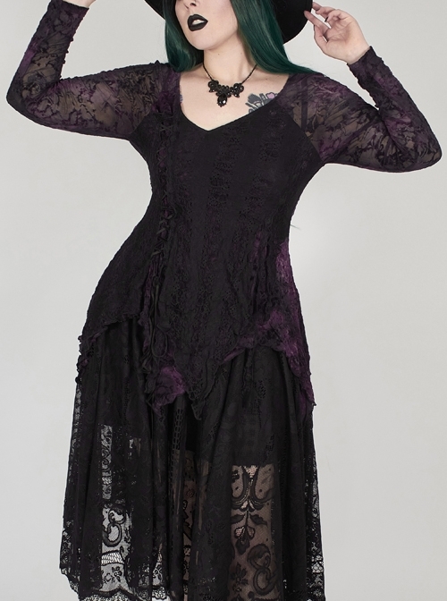 V-Neck Front Splice Rose Lace Mesh Back Waist Lace-Up Irregular Hem Purple Gothic Plus Size Knit T-Shirt