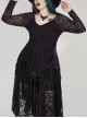V-Neck Front Splice Rose Lace Mesh Back Waist Lace-Up Irregular Hem Purple Gothic Plus Size Knit T-Shirt