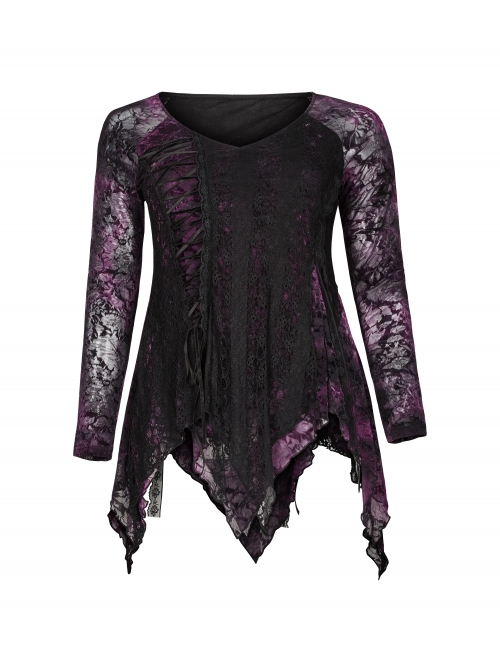 V-Neck Front Splice Rose Lace Mesh Back Waist Lace-Up Irregular Hem Purple Gothic Plus Size Knit T-Shirt