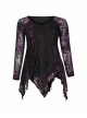 V-Neck Front Splice Rose Lace Mesh Back Waist Lace-Up Irregular Hem Purple Gothic Plus Size Knit T-Shirt