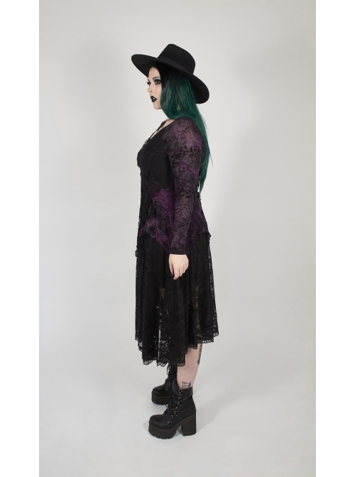 V-Neck Front Splice Rose Lace Mesh Back Waist Lace-Up Irregular Hem Purple Gothic Plus Size Knit T-Shirt