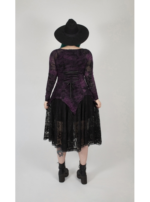 V-Neck Front Splice Rose Lace Mesh Back Waist Lace-Up Irregular Hem Purple Gothic Plus Size Knit T-Shirt