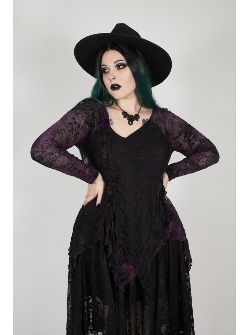 V-Neck Front Splice Rose Lace Mesh Back Waist Lace-Up Irregular Hem Purple Gothic Plus Size Knit T-Shirt