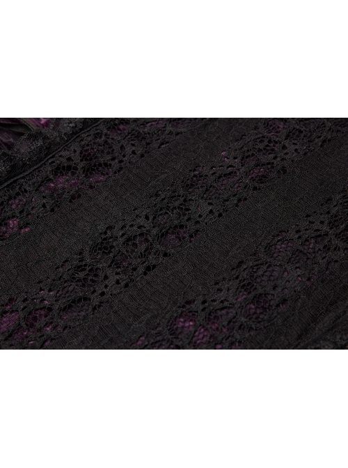 V-Neck Front Splice Rose Lace Mesh Back Waist Lace-Up Irregular Hem Purple Gothic Plus Size Knit T-Shirt