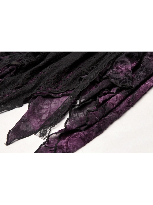 V-Neck Front Splice Rose Lace Mesh Back Waist Lace-Up Irregular Hem Purple Gothic Plus Size Knit T-Shirt