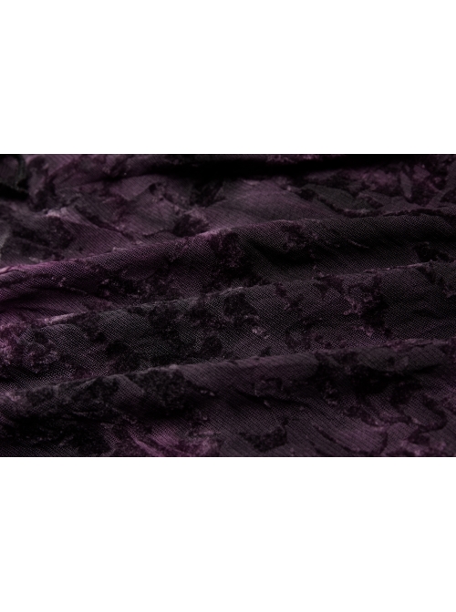 V-Neck Front Splice Rose Lace Mesh Back Waist Lace-Up Irregular Hem Purple Gothic Plus Size Knit T-Shirt