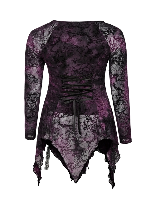 V-Neck Front Splice Rose Lace Mesh Back Waist Lace-Up Irregular Hem Purple Gothic Plus Size Knit T-Shirt