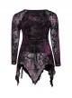 V-Neck Front Splice Rose Lace Mesh Back Waist Lace-Up Irregular Hem Purple Gothic Plus Size Knit T-Shirt