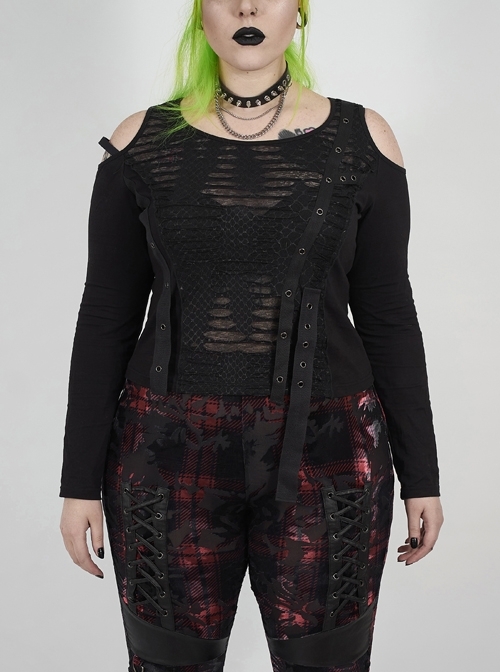 Off-Shoulder Front Chest Metal Eyelets Ribbons Long Sleeve Black Punk Plus Size Broken Holes Knit Short T-Shirt